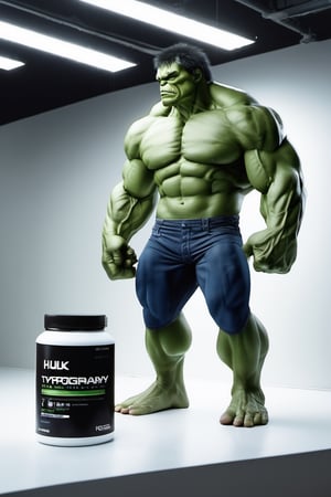 protein suplement container hulk typhographybrand, hd, 8k, masterpiece, one light, hasselbrlad, raw, hiperrealism, medium format sensor camera, super prime cinema lens, (((((100mm lens))))), (((filtered light)))  white background, mirror floor, back light