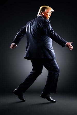 RAW natural photo OF donald trump dancing moonwalk
 , slim body, realisct, no friendly, ((full body)), sharp focus, depth of field, shoot, ,side shot, side shot, ultra hd, realistic, vivid colors, highly detailed, perfect composition, 8k artistic photography, photorealistic concept art, soft natural volumetric cinematic perfect light, black background studio, ,OHWX, naked, full nude,OHWX WOMEN,