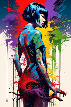 (Masterpiece:1.2), ((intricate details)), cover art, chaos, , 1girl, japanese girl, short hair, black hair, bangs, hair on forehead, high quality, (red, blue, yellow, purple, green ink), ((front view)), face dripping, clothes dripping, ink dripping, (addnet weight 1:1.0), (double exposure), ink scenery, FULL NAKED. NUDE, FULL BODY, DOGGYSTILE