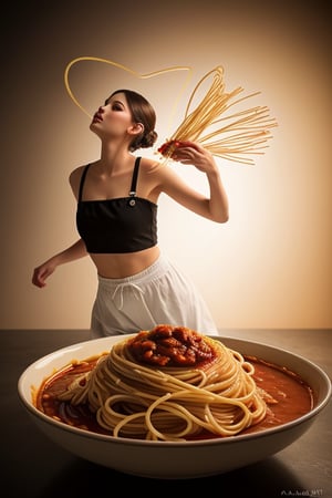 shooting foodstyling,, spaghetti are flying, splash of tomato sauce
 BEST QUALITY, MASTERPIECE, PHOTOREALISTIC:1.9, DRAMATIC LIGHT, infinite mirror background,
,colorful_girl_v2,arshadArt,alluring_lolita_girl,anamr