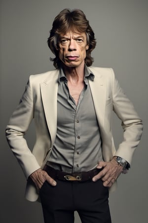 RAW natural photo of mick jagger realistic, no muscles, slim boby, realisct, no friendly, ((full body)), sharp focus, depth of field, shoot, ,side shot, side shot, ultra hd, realistic, vivid colors, highly detailed, perfect composition, 8k artistic photography, photorealistic concept art, soft natural volumetric cinematic perfect light, black background studio,OHWX,OHWX WOMEN 