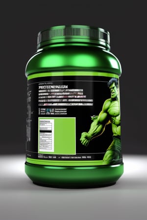 protein suplement container hulk green brand, hd, 8k, masterpiece, one light, hasselbrlad, raw, hiperrealism, medium format sensor camera, super prime cinema lens, (((((100mm lens))))), (((filtered light))) black background, mirror floor