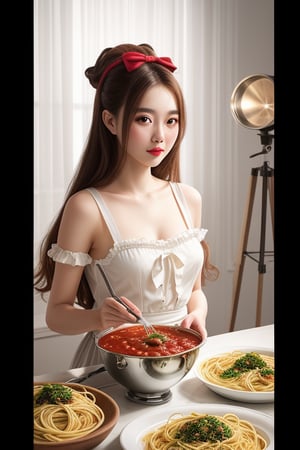 shooting foodstyling, spaghetti and sauce flying 
 BEST QUALITY, MASTERPIECE, PHOTOREALISTIC:1.9, DRAMATIC LIGHT, infinite mirror background,
,colorful_girl_v2,arshadArt,alluring_lolita_girl,anamr