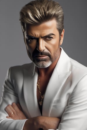 RAW natural photo of george michael realistic, no muscles, slim boby, realisct, no friendly, ((full body)), sharp focus, depth of field, shoot, ,side shot, side shot, ultra hd, realistic, vivid colors, highly detailed, perfect composition, 8k artistic photography, photorealistic concept art, soft natural volumetric cinematic perfect light, black background studio,OHWX,OHWX WOMEN 