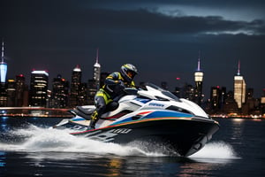 jetski in a port of  new york city i realistic photography, 50mm 1.4f, natural lowlight, high res, dark ,photography,high resolution faces, hiper realistic water, black google helmet, photo more landscape
