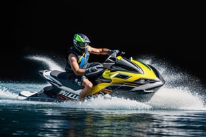 jetski in a photographic studio, back stage realistic photography, 50mm 1.4f, natural lowlight, high res, dark ,photography,high resolution faces, hiper realistic water, black google helmet, photo more landscape
