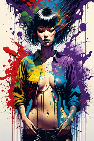 (Masterpiece:1.2), ((intricate details)), cover art, chaos, , 1girl, japanese girl, short hair, black hair, bangs, hair on forehead, high quality, (red, blue, yellow, purple, green ink), ((front view)), face dripping, clothes dripping, ink dripping, (addnet weight 1:1.0), (double exposure), ink scenery, FULL NAKED. NUDE, FULL BODY, DOGGYSTILE