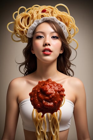 shooting foodstyling, flying tornado of spaghetti, splash of tomato sauce
 BEST QUALITY, MASTERPIECE, PHOTOREALISTIC:1.9, DRAMATIC LIGHT, infinite mirror background,
,colorful_girl_v2,arshadArt,alluring_lolita_girl,anamr