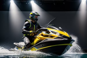 jetski in a photographic studio, back stage realistic photography, 50mm 1.4f, natural lowlight, high res, dark ,photography,high resolution faces, hiper realistic water, black google helmet, photo more landscape
