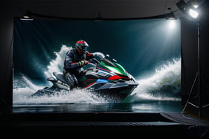 jetski in a photographic studio, back stage realistic photography, 50mm 1.4f, natural lowlight, high res, dark ,photography,high resolution faces, hiper realistic water, black google helmet, photo more landscape
,shodanSS_soul3142