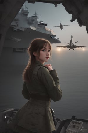 aereal combay, boy air traffic signaler in aircraft carrier, landing combat plane , 
 BEST QUALITY, MASTERPIECE, PHOTOREALISTIC:1.9, DRAMATIC LIGHT, infinite mirror background,
,colorful_girl_v2,arshadArt,alluring_lolita_girl,anamr