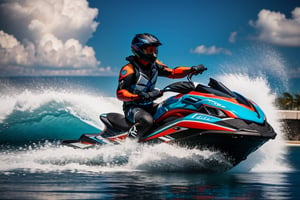 jetski in a port of  miami  realistic photography, 50mm 1.4f, natural lowlight, high res, dark ,photography,high resolution faces, hiper realistic water, black google helmet, photo more landscape
