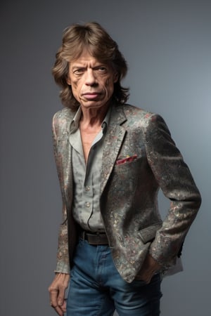 RAW natural photo of mick jagger realistic, no muscles, slim boby, realisct, no friendly, ((full body)), sharp focus, depth of field, shoot, ,side shot, side shot, ultra hd, realistic, vivid colors, highly detailed, perfect composition, 8k artistic photography, photorealistic concept art, soft natural volumetric cinematic perfect light, black background studio,OHWX,OHWX WOMEN 