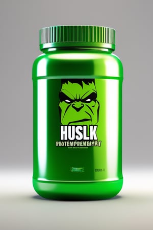 protein suplement container hulk typhographybrand, hd, 8k, masterpiece, one light, hasselbrlad, raw, hiperrealism, medium format sensor camera, super prime cinema lens, (((((100mm lens))))), (((filtered light)))  white background, mirror floor, back light