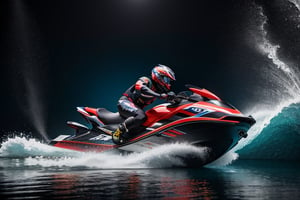 jetski in a photographic studio, back stage realistic photography, 50mm 1.4f, natural lowlight, high res, dark ,photography,high resolution faces, hiper realistic water, black google helmet, photo more landscape
