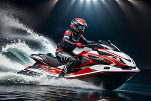 jetski in a photographic studio, back stage realistic photography, 50mm 1.4f, natural lowlight, high res, dark ,photography,high resolution faces, hiper realistic water, black google helmet, photo more landscape
