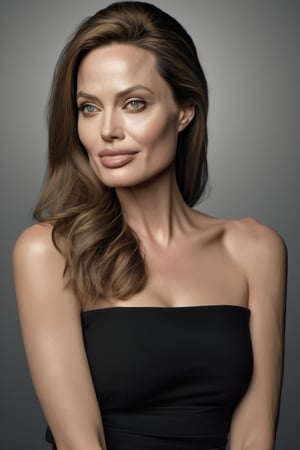 RAW natural photo of Angelina Jolie realistic, no muscles, slim boby, realisct, no friendly, ((full body)), sharp focus, depth of field, shoot, ,side shot, side shot, ultra hd, realistic, vivid colors, highly detailed, perfect composition, 8k artistic photography, photorealistic concept art, soft natural volumetric cinematic perfect light, black background studio,OHWX,OHWX WOMEN 