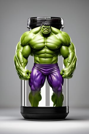 protein suplement container hulk theme brand, hd, 8k, masterpiece, one light, hasselbrlad, raw, hiperrealism, medium format sensor camera, super prime cinema lens, (((((100mm lens))))), (((filtered light)))  white background, mirror floor, back light