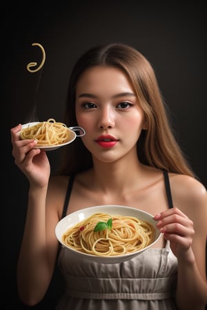 shooting foodstyling, spaghetti and sauce flying 
 BEST QUALITY, MASTERPIECE, PHOTOREALISTIC:1.9, DRAMATIC LIGHT, infinite mirror background,
,colorful_girl_v2,arshadArt,alluring_lolita_girl,anamr