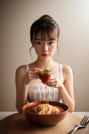 shooting foodstyling, spaghetti and sauce flying 
 BEST QUALITY, MASTERPIECE, PHOTOREALISTIC:1.9, DRAMATIC LIGHT, infinite mirror background,
,colorful_girl_v2,arshadArt,alluring_lolita_girl,anamr