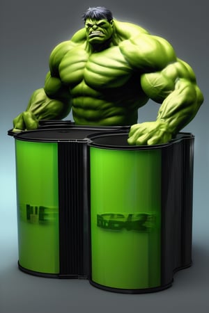 protein suplement container hulk green brand, hd, 8k, masterpiece, one light, hasselbrlad, raw, hiperrealism, medium format sensor camera, super prime cinema lens, (((((100mm lens))))), (((filtered light))) black background, marvel_comics, mirror floor