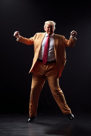 RAW natural photo OF donald trump dancing
 , slim body, realisct, no friendly, ((full body)), sharp focus, depth of field, shoot, ,side shot, side shot, ultra hd, realistic, vivid colors, highly detailed, perfect composition, 8k artistic photography, photorealistic concept art, soft natural volumetric cinematic perfect light, black background studio, ,OHWX, naked, full nude,OHWX WOMEN,