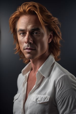 RAW natural photo of don johnson, hungry, no muscles, slim boby, argentinian singer, realisct, no friendly, ((full body)), red hair , sharp focus, depth of field, shoot, ,side shot, side shot, ultra hd, realistic, vivid colors, highly detailed, perfect composition, 8k artistic photography, photorealistic concept art, soft natural volumetric cinematic perfect light, black background studio,OHWX,OHWX WOMEN 