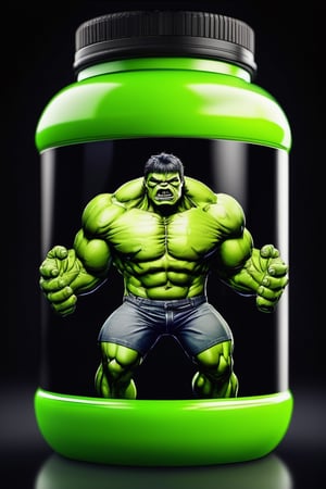 protein suplement container hulk theme brand, hd, 8k, masterpiece, one light, hasselbrlad, raw, hiperrealism, medium format sensor camera, super prime cinema lens, (((((100mm lens))))), (((filtered light))) black background, mirror floor