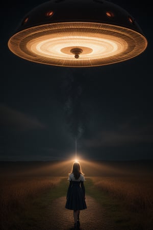 UFO abducting one girl, alt night in far away land,outdoor
 BEST QUALITY, MASTERPIECE, PHOTOREALISTIC:1.9, DRAMATIC LIGHT, infinite mirror background,
,colorful_girl_v2,arshadArt,alluring_lolita_girl,anamr