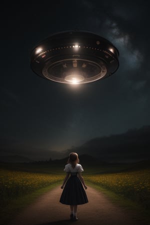 UFO abducting one girl, alt night in far away land,outdoor
 BEST QUALITY, MASTERPIECE, PHOTOREALISTIC:1.9, DRAMATIC LIGHT, infinite mirror background,
,colorful_girl_v2,arshadArt,alluring_lolita_girl,anamr