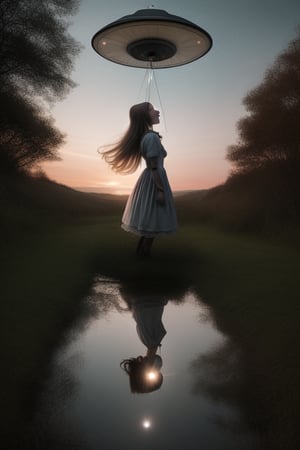 UFO abducting one girl, alt night in far away land,outdoor
 BEST QUALITY, MASTERPIECE, PHOTOREALISTIC:1.9, DRAMATIC LIGHT, infinite mirror background,
,colorful_girl_v2,arshadArt,alluring_lolita_girl,anamr