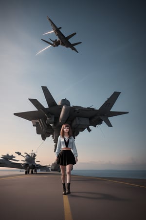 air traffic signaler in aircraft carrier, landing combat plane , 
 BEST QUALITY, MASTERPIECE, PHOTOREALISTIC:1.9, DRAMATIC LIGHT, infinite mirror background,
,colorful_girl_v2,arshadArt,alluring_lolita_girl,anamr