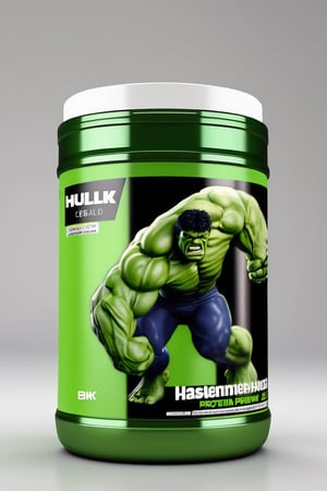 protein suplement container hulk theme brand, hd, 8k, masterpiece, one light, hasselbrlad, raw, hiperrealism, medium format sensor camera, super prime cinema lens, (((((100mm lens))))), (((filtered light)))  white background, mirror floor, back light