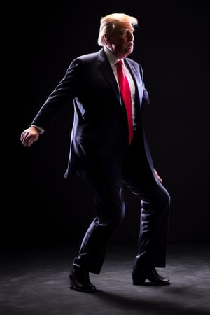 RAW natural photo OF donald trump dancing moonwalk
 , slim body, realisct, no friendly, ((full body)), sharp focus, depth of field, shoot, ,side shot, side shot, ultra hd, realistic, vivid colors, highly detailed, perfect composition, 8k artistic photography, photorealistic concept art, soft natural volumetric cinematic perfect light, black background studio, ,OHWX, naked, full nude,OHWX WOMEN,