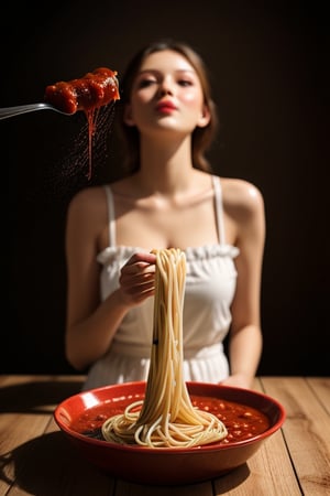 shooting foodstyling,, spaghetti are flying, splash of tomato sauce
 BEST QUALITY, MASTERPIECE, PHOTOREALISTIC:1.9, DRAMATIC LIGHT, infinite mirror background,
,colorful_girl_v2,arshadArt,alluring_lolita_girl,anamr