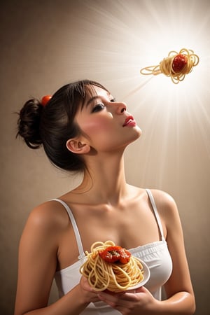 shooting foodstyling,, spaghetti are flying, splash of tomato sauce
 BEST QUALITY, MASTERPIECE, PHOTOREALISTIC:1.9, DRAMATIC LIGHT, infinite mirror background,
,colorful_girl_v2,arshadArt,alluring_lolita_girl,anamr