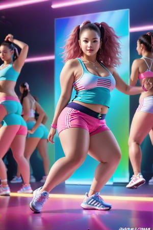 fat zumba trainer, zumba class in action, adidas sponsor
 BEST QUALITY, MASTERPIECE, PHOTOREALISTIC:1.9, DRAMATIC LIGHT, infinite mirror background,
,colorful_girl_v2,arshadArt,alluring_lolita_girl