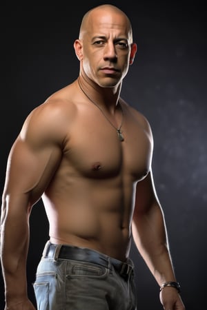 RAW natural photo OF vin diesel, no muscles, slim body, realisct, no friendly, ((full body)), sharp focus, depth of field, shoot, ,side shot, side shot, ultra hd, realistic, vivid colors, highly detailed, perfect composition, 8k artistic photography, photorealistic concept art, soft natural volumetric cinematic perfect light, black background studio, ,OHWX, naked, full nude,OHWX WOMEN,