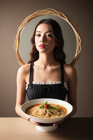 shooting foodstyling, flying spaghetti
 BEST QUALITY, MASTERPIECE, PHOTOREALISTIC:1.9, DRAMATIC LIGHT, infinite mirror background,
,colorful_girl_v2,arshadArt,alluring_lolita_girl,anamr