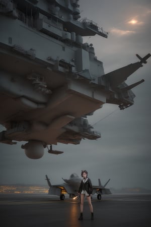 boy air traffic signaler in aircraft carrier, landing combat plane , 
 BEST QUALITY, MASTERPIECE, PHOTOREALISTIC:1.9, DRAMATIC LIGHT, infinite mirror background,
,colorful_girl_v2,arshadArt,alluring_lolita_girl,anamr