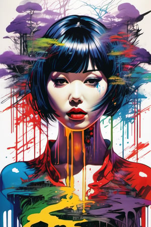 (Masterpiece:1.2), ((intricate details)), cover art, chaos, , 1girl, japanese girl, short hair, black hair, bangs, hair on forehead, high quality, (red, blue, yellow, purple, green ink), ((front view)), face dripping, clothes dripping, ink dripping, (addnet weight 1:1.0), (double exposure), ink scenery, FULL NAKED. NUDE