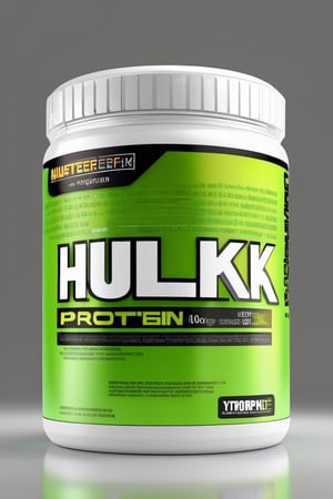 protein suplement container hulk typhographybrand, hd, 8k, masterpiece, one light, hasselbrlad, raw, hiperrealism, medium format sensor camera, super prime cinema lens, (((((100mm lens))))), (((filtered light)))  white background, mirror floor, back light