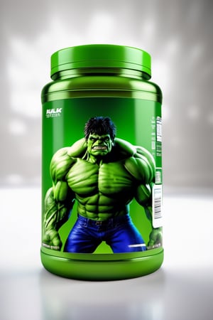 protein suplement container hulk theme brand, hd, 8k, masterpiece, one light, hasselbrlad, raw, hiperrealism, medium format sensor camera, super prime cinema lens, (((((100mm lens))))), (((filtered light)))  white background, mirror floor, back light