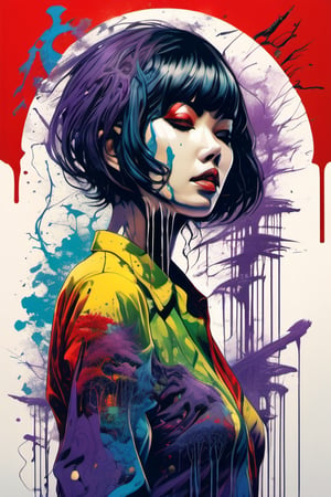 (Masterpiece:1.2), ((intricate details)), cover art, chaos, , 1girl, japanese girl, short hair, black hair, bangs, hair on forehead, high quality, (red, blue, yellow, purple, green ink), ((front view)), face dripping, clothes dripping, ink dripping, (addnet weight 1:1.0), (double exposure), ink scenery, FULL NAKED. NUDE, FULL BODY, DOGGYSTILE