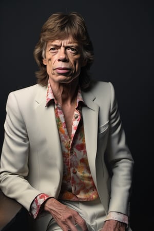 RAW natural photo of mick jagger realistic, no muscles, slim boby, realisct, no friendly, ((full body)), sharp focus, depth of field, shoot, ,side shot, side shot, ultra hd, realistic, vivid colors, highly detailed, perfect composition, 8k artistic photography, photorealistic concept art, soft natural volumetric cinematic perfect light, black background studio,OHWX,OHWX WOMEN 