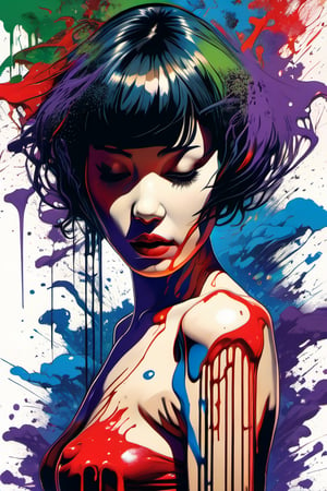 (Masterpiece:1.2), ((intricate details)), cover art, chaos, , 1girl, japanese girl, short hair, black hair, bangs, hair on forehead, high quality, (red, blue, yellow, purple, green ink), ((front view)), face dripping, clothes dripping, ink dripping, (addnet weight 1:1.0), (double exposure), ink scenery, FULL NAKED. NUDE