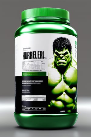 protein suplement container hulk green brand, hd, 8k, masterpiece, one light, hasselbrlad, raw, hiperrealism, medium format sensor camera, super prime cinema lens, (((((100mm lens))))), (((filtered light))) black background, mirror floor