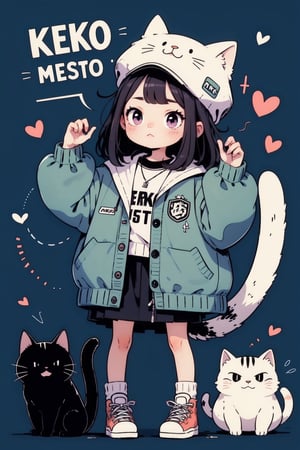 Masterpiece, best quality, highres, cat, hat, extremely clear 8K wallpaper, high quality, solo, (1girl:1.1), (oversized jacket and t-shirt), cute little girl, vector art, poster,chibi