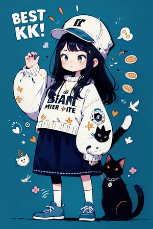 Masterpiece, best quality, highres, cat, hat, extremely clear 8K wallpaper, high quality, solo, (1girl:1.1), (oversized jacket and t-shirt), cute little girl, vector art, poster