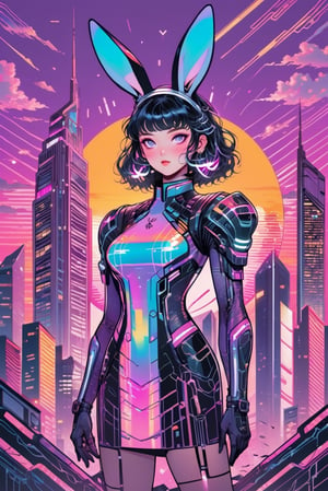 1girl, black hair, bunny girl, (masterpiece, best quality), wearing holographic dress, absurdres, cinematic lighting, skyscrapers, sunset, purple sky,
